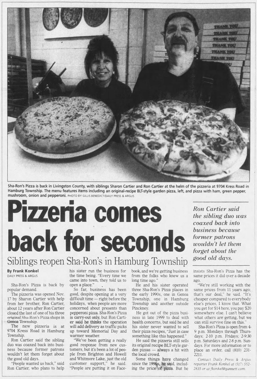 Sha-Rons Pizza (Sharons Pizza) - Jan 16 2012 Article On Pizza Chain (newer photo)